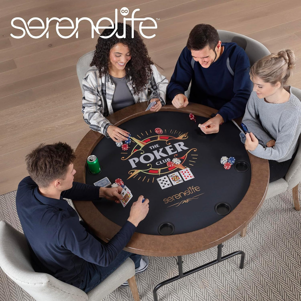 8-Player round Foldable Poker Table - Premium Casino-Grade Design, Brown Felt Surface, Water-Resistant Rail, 8 Cup Holders, Blackjack Board - Ideal for Texas Hold'Em & Family Fun (Black)