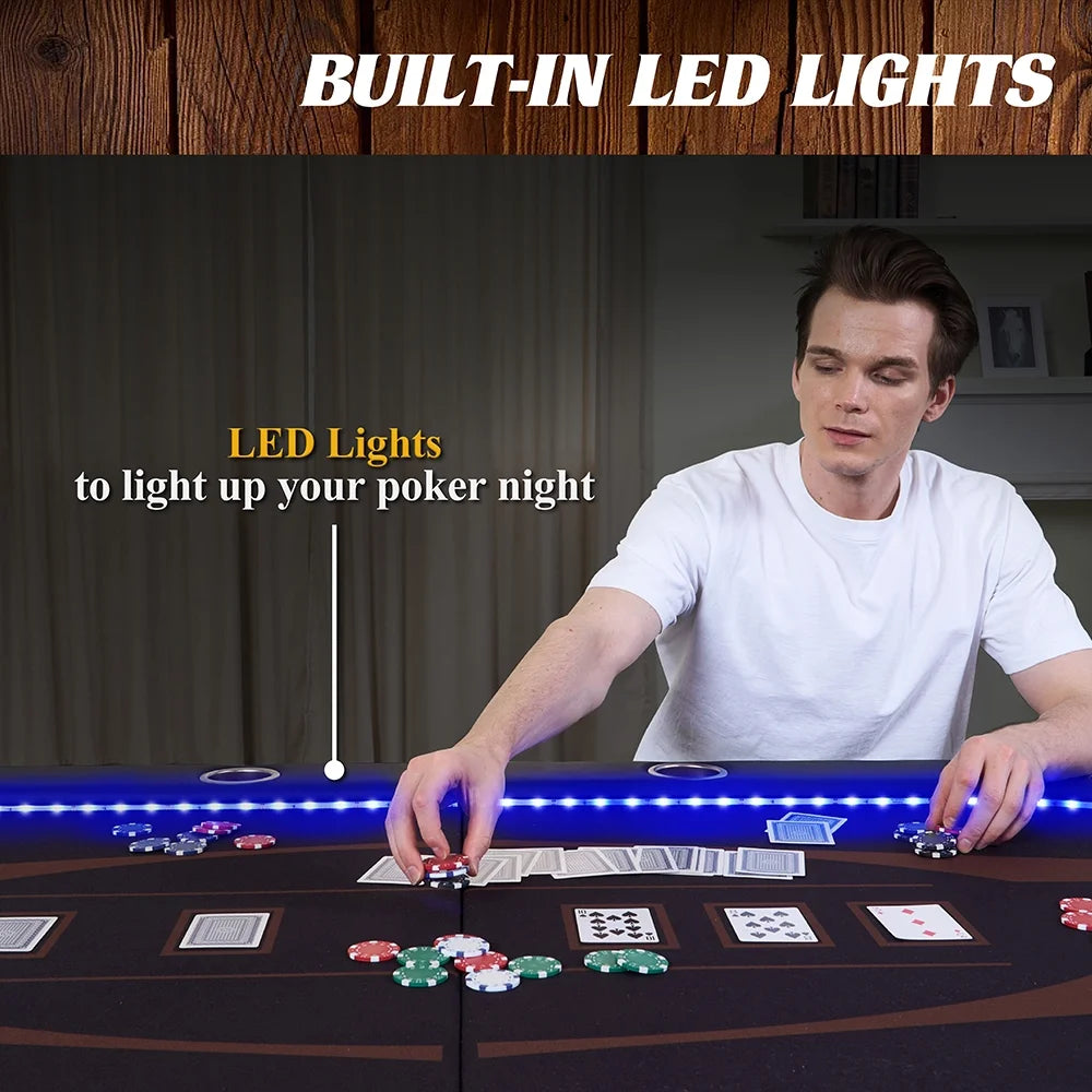Barrington 10 Player Folding Oval Poker Table with LED Lights, Steel Cup Holders & Padded Armrests, Black/Brown