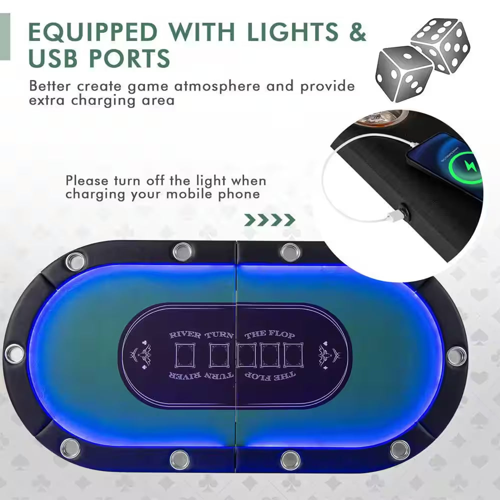 Casino Texas Holdem Foldable 10 Player Poker Table with LED Lights USB Ports in Green (1-Pack)