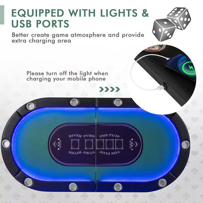 Casino Texas Holdem Foldable 10 Player Poker Table with LED Lights USB Ports in Green (1-Pack)