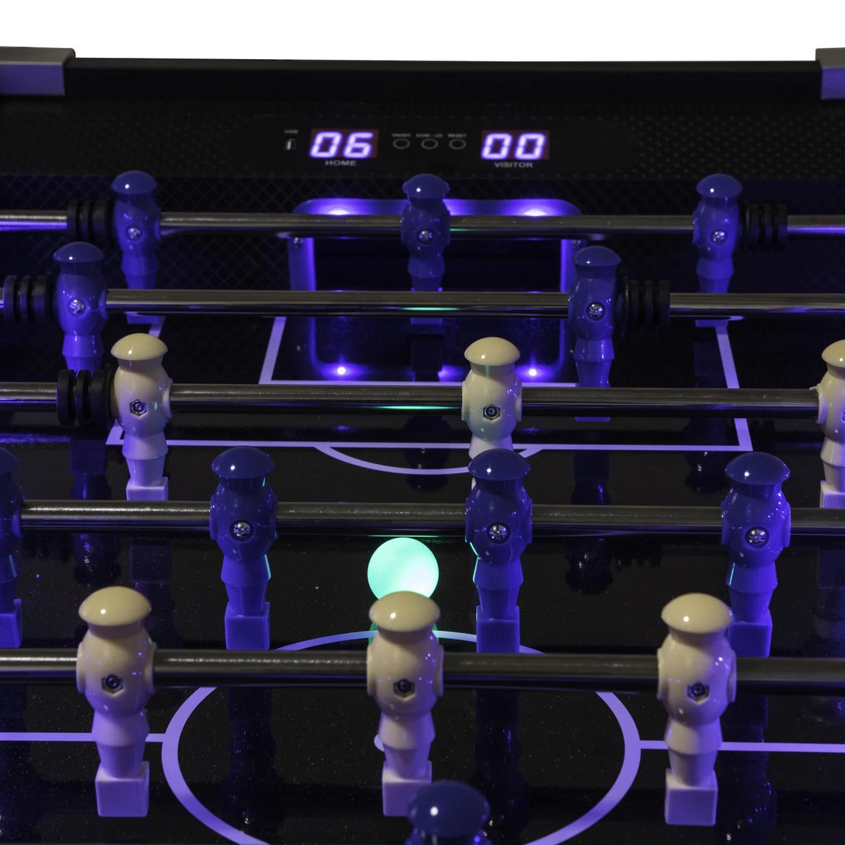 Azure LED Light up Foosball Table with Interactive Inrail LED Lighting and Cascading Effects Paired with in Game Music