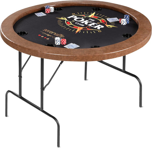 8-Player round Foldable Poker Table - Premium Casino-Grade Design, Brown Felt Surface, Water-Resistant Rail, 8 Cup Holders, Blackjack Board - Ideal for Texas Hold'Em & Family Fun (Black)