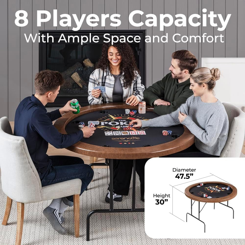 8-Player round Foldable Poker Table - Premium Casino-Grade Design, Brown Felt Surface, Water-Resistant Rail, 8 Cup Holders, Blackjack Board - Ideal for Texas Hold'Em & Family Fun (Black)