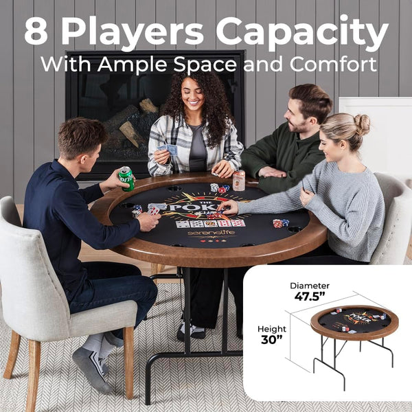 8-Player round Foldable Poker Table - Premium Casino-Grade Design, Brown Felt Surface, Water-Resistant Rail, 8 Cup Holders, Blackjack Board - Ideal for Texas Hold'Em & Family Fun (Black)