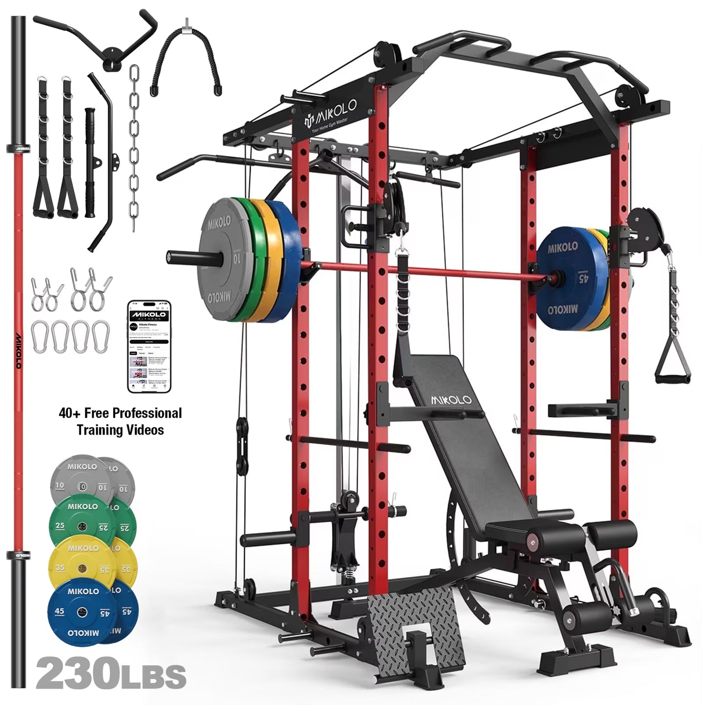 Power Rack Cage, 1500LBS Weight Cage with 1200LB Capacity Adjustable Weight Bench, 1500LB Capacity Barbell and 230LB Colorful Weight Plate Set Red