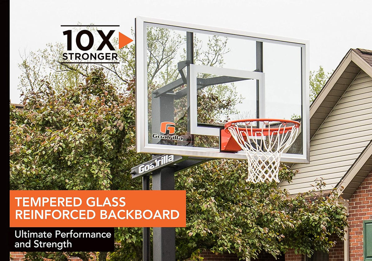 GS54 in Ground Basketball Hoop with 54" Tempered Glass Backboard and Pro-Style Breakaway Rim Bundle with Universal Pole Pad