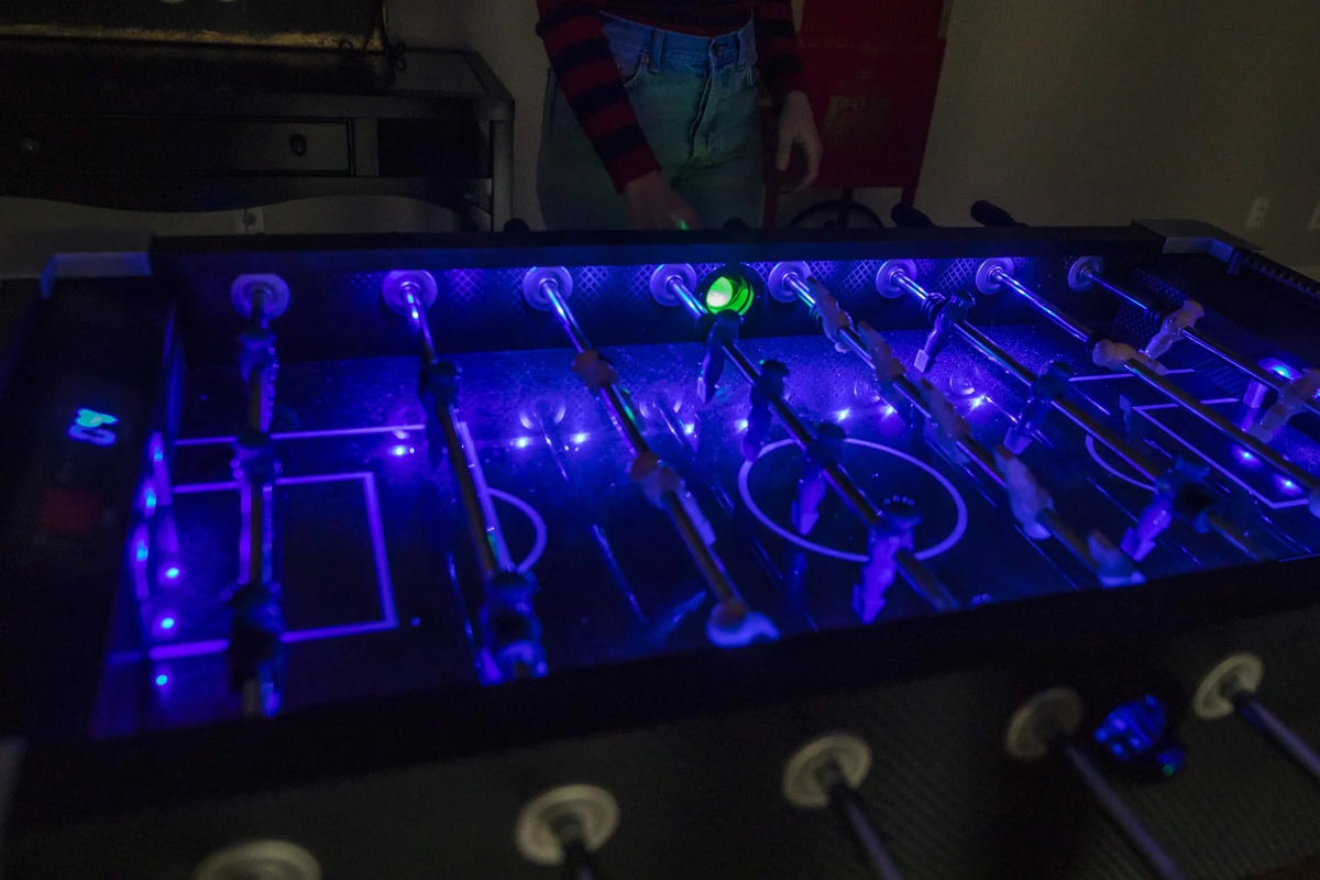 Azure LED Light up Foosball Table with Interactive Inrail LED Lighting and Cascading Effects Paired with in Game Music