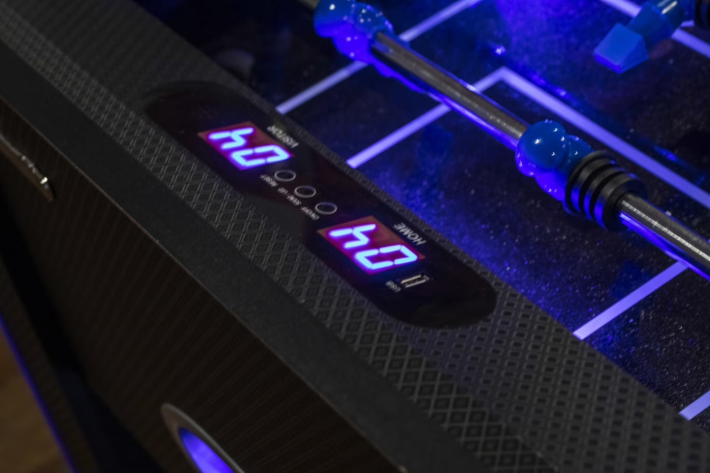 Azure LED Light up Foosball Table with Interactive Inrail LED Lighting and Cascading Effects Paired with in Game Music