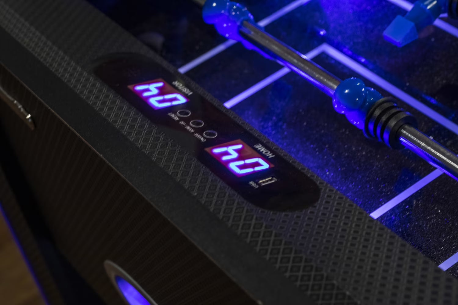 Azure LED Light up Foosball Table with Interactive Inrail LED Lighting and Cascading Effects Paired with in Game Music