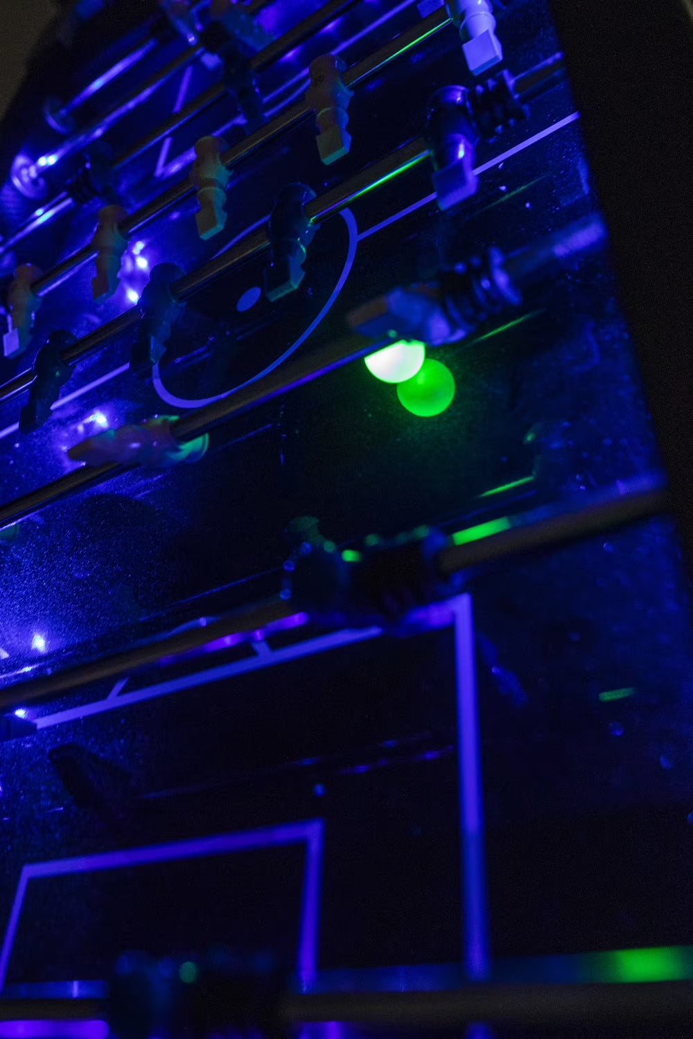 Azure LED Light up Foosball Table with Interactive Inrail LED Lighting and Cascading Effects Paired with in Game Music