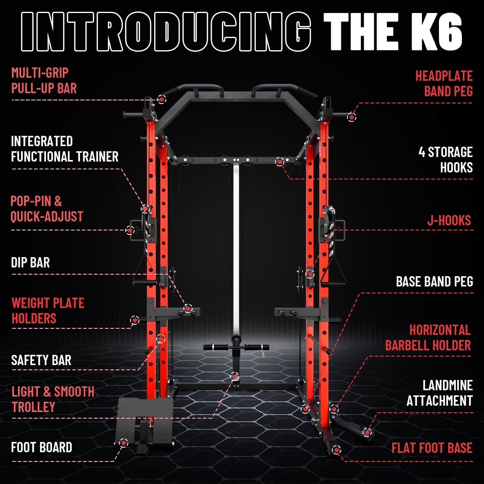 Power Rack Cage, 1500LBS Weight Cage with 1200LB Capacity Adjustable Weight Bench, 1500LB Capacity Barbell and 230LB Colorful Weight Plate Set Red