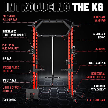Power Rack Cage, 1500LBS Weight Cage with 1200LB Capacity Adjustable Weight Bench, 1500LB Capacity Barbell and 230LB Colorful Weight Plate Set Red
