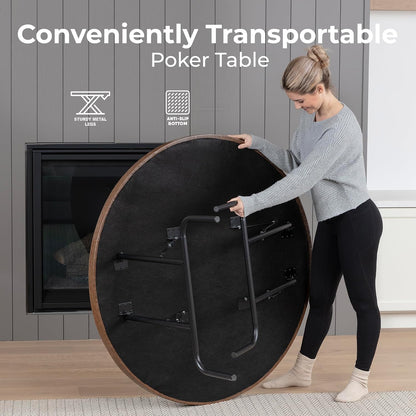 8-Player round Foldable Poker Table - Premium Casino-Grade Design, Brown Felt Surface, Water-Resistant Rail, 8 Cup Holders, Blackjack Board - Ideal for Texas Hold'Em & Family Fun (Black)