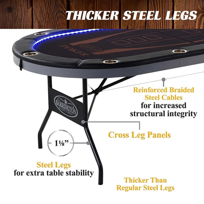 Barrington 10 Player Folding Oval Poker Table with LED Lights, Steel Cup Holders & Padded Armrests, Black/Brown