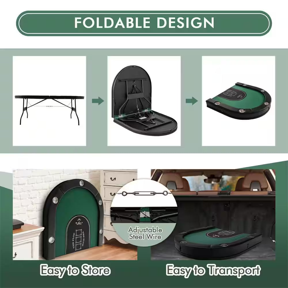 Casino Texas Holdem Foldable 10 Player Poker Table with LED Lights USB Ports in Green (1-Pack)