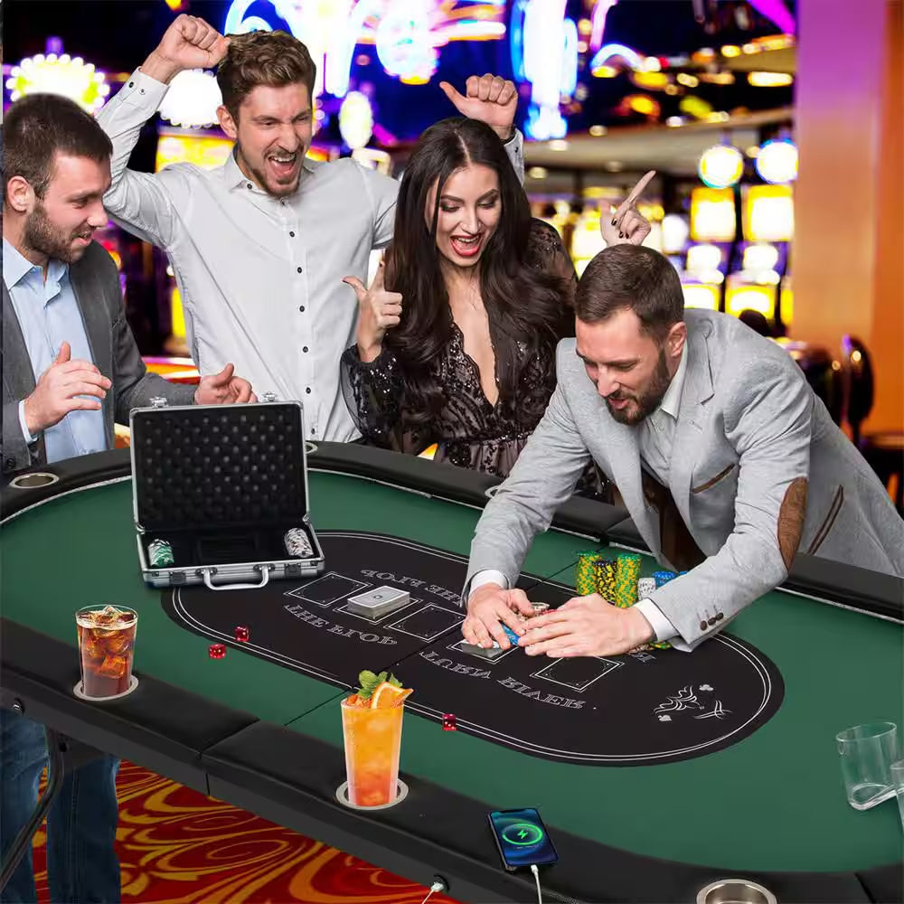 Casino Texas Holdem Foldable 10 Player Poker Table with LED Lights USB Ports in Green (1-Pack)