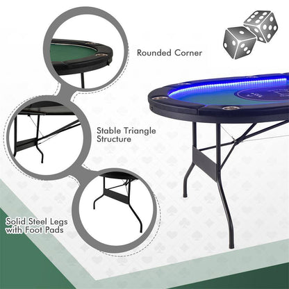Casino Texas Holdem Foldable 10 Player Poker Table with LED Lights USB Ports in Green (1-Pack)