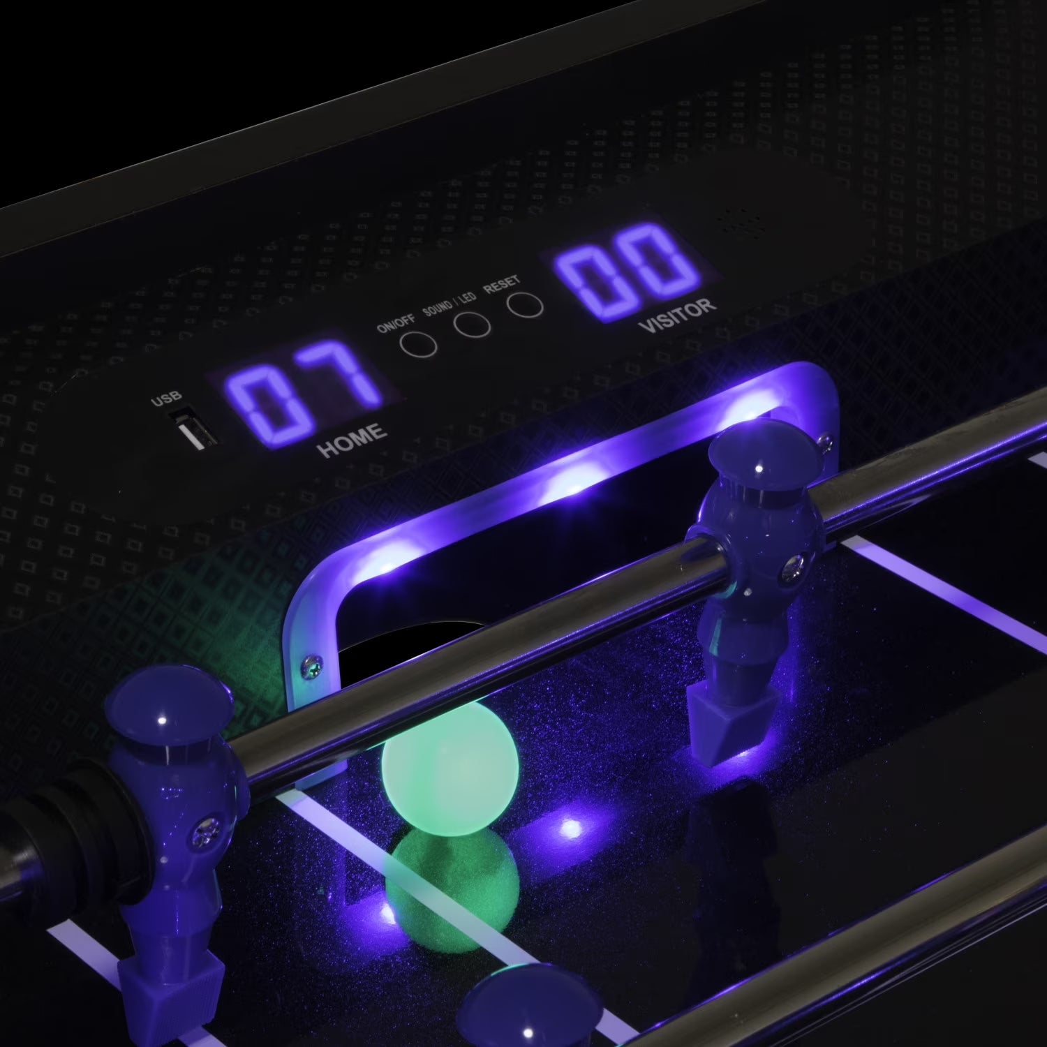 Azure LED Light up Foosball Table with Interactive Inrail LED Lighting and Cascading Effects Paired with in Game Music