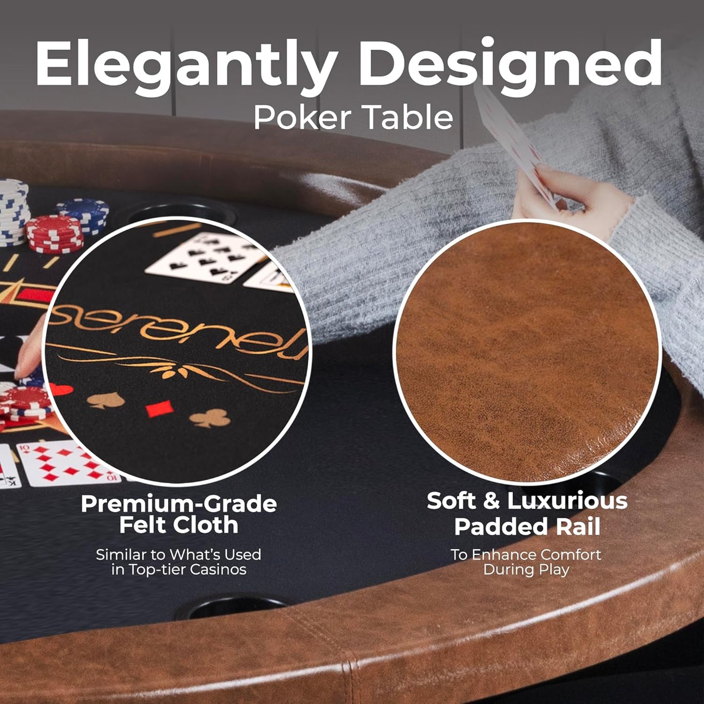 8-Player round Foldable Poker Table - Premium Casino-Grade Design, Brown Felt Surface, Water-Resistant Rail, 8 Cup Holders, Blackjack Board - Ideal for Texas Hold'Em & Family Fun (Black)