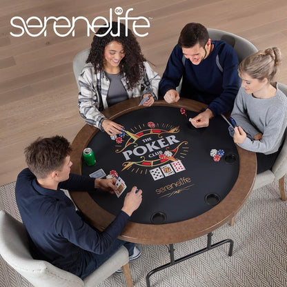 8-Player round Foldable Poker Table - Premium Casino-Grade Design, Brown Felt Surface, Water-Resistant Rail, 8 Cup Holders, Blackjack Board - Ideal for Texas Hold'Em & Family Fun (Black)