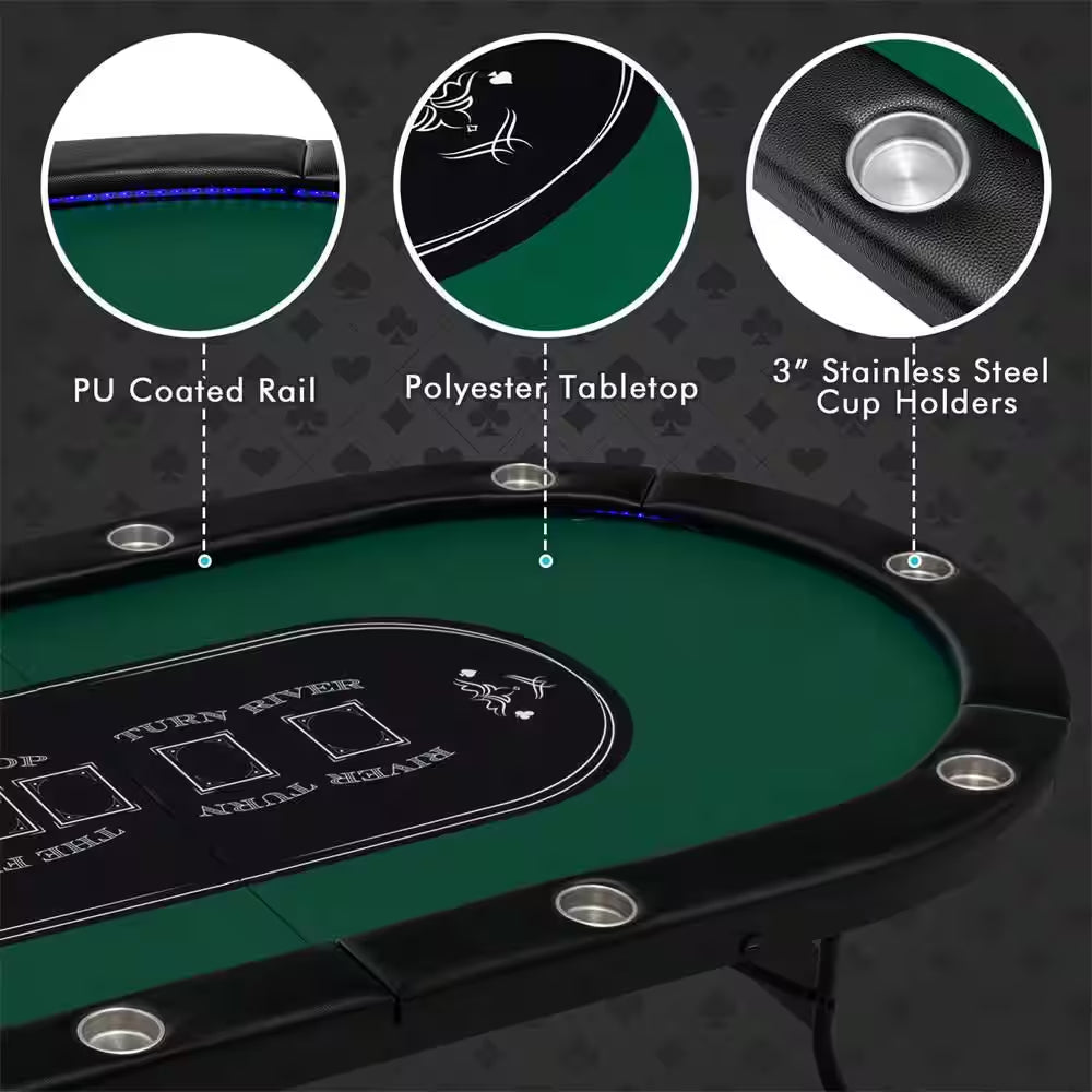 Casino Texas Holdem Foldable 10 Player Poker Table with LED Lights USB Ports in Green (1-Pack)
