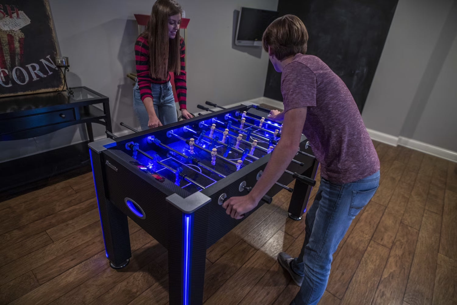 Azure LED Light up Foosball Table with Interactive Inrail LED Lighting and Cascading Effects Paired with in Game Music