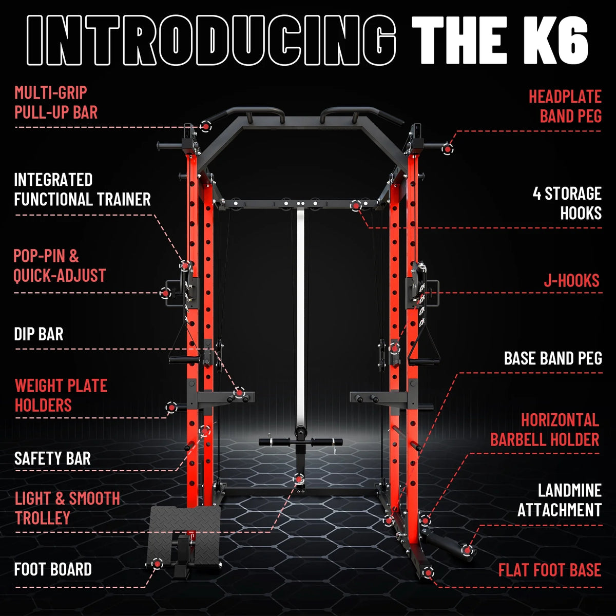 Power Cage, Squat Rack with Dual Pulley Cable Crossover System, Multifunction Free Weight Home Gym Workout Machine with Attachments (Red)