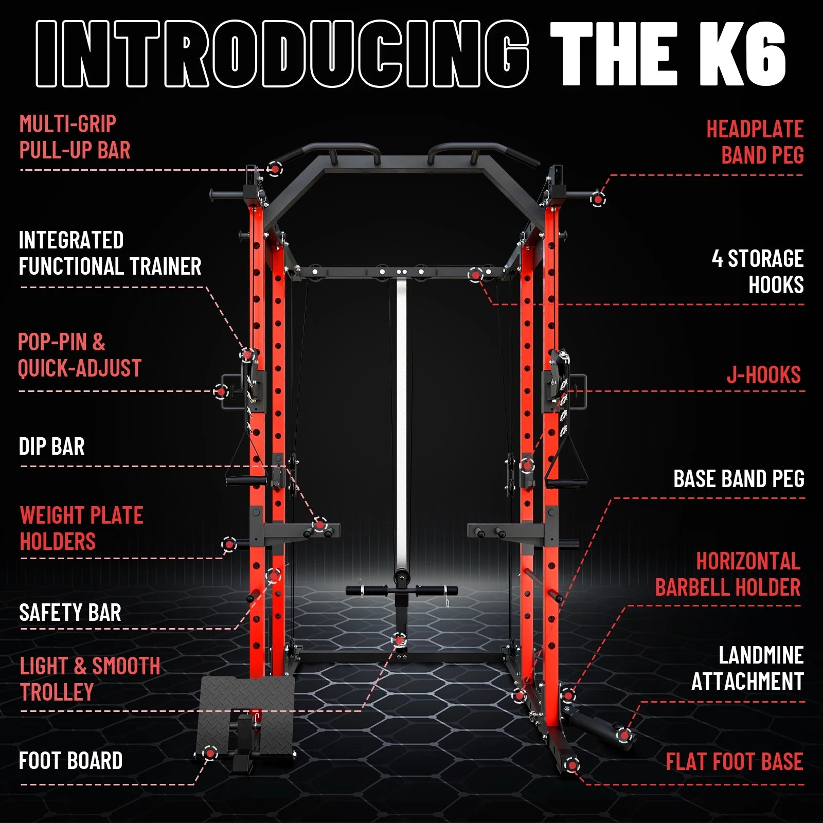 Power Cage, Squat Rack with Dual Pulley Cable Crossover System, Multifunction Free Weight Home Gym Workout Machine with Attachments (Red)