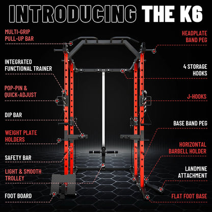 Power Cage, Squat Rack with Dual Pulley Cable Crossover System, Multifunction Free Weight Home Gym Workout Machine with Attachments (Red)