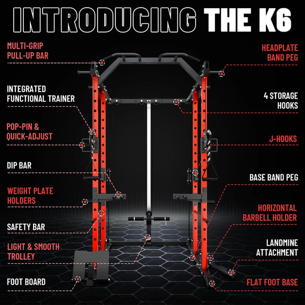 Power Cage, Squat Rack with Dual Pulley Cable Crossover System, Multifunction Free Weight Home Gym Workout Machine with Attachments (Red)