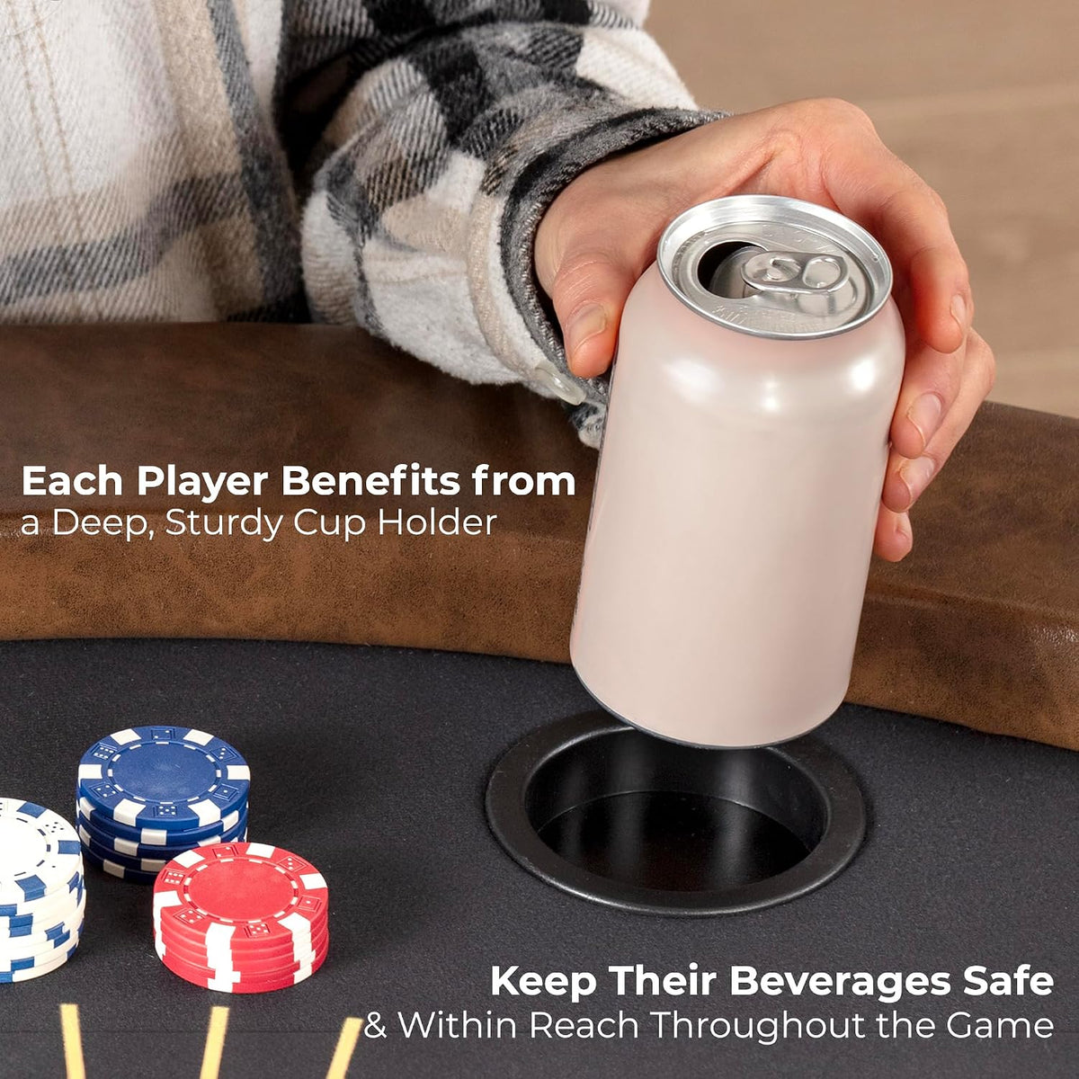 8-Player round Foldable Poker Table - Premium Casino-Grade Design, Brown Felt Surface, Water-Resistant Rail, 8 Cup Holders, Blackjack Board - Ideal for Texas Hold'Em & Family Fun (Black)