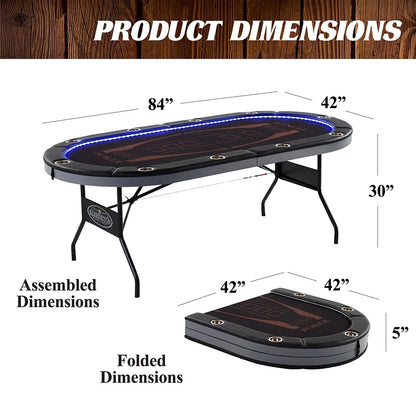 Barrington 10 Player Folding Oval Poker Table with LED Lights, Steel Cup Holders & Padded Armrests, Black/Brown