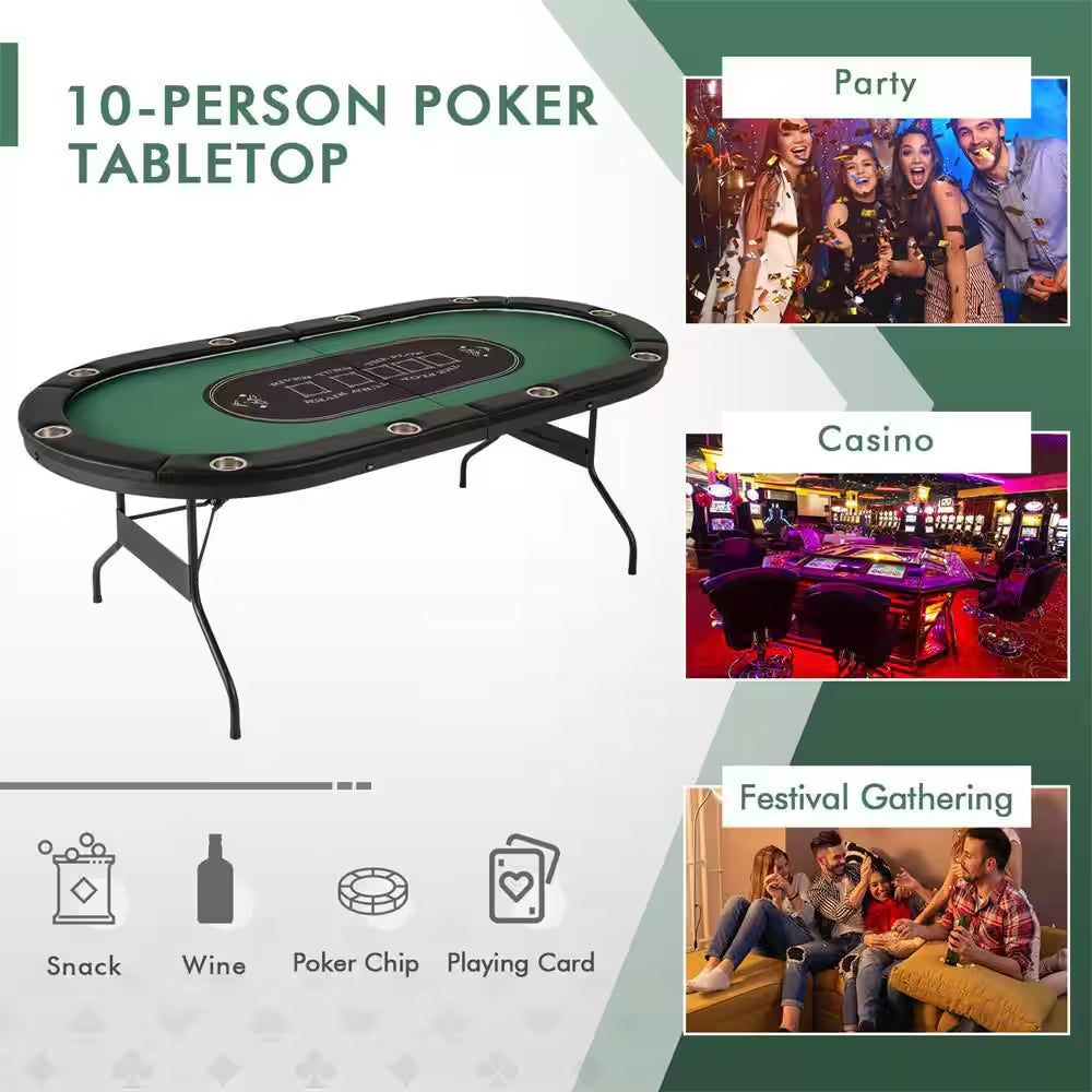 Casino Texas Holdem Foldable 10 Player Poker Table with LED Lights USB Ports in Green (1-Pack)