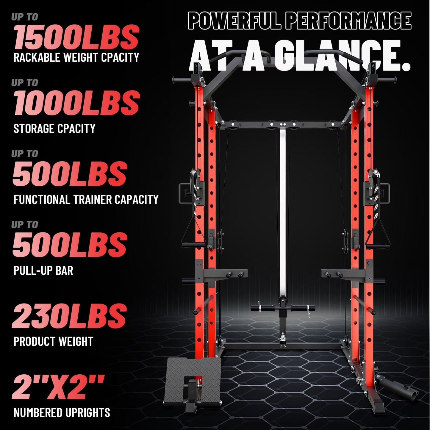 Power Rack Cage, 1500LBS Weight Cage with 1200LB Capacity Adjustable Weight Bench, 1500LB Capacity Barbell and 230LB Colorful Weight Plate Set Red