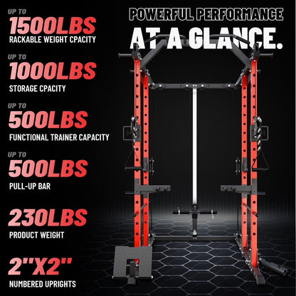 Power Rack Cage, 1500LBS Weight Cage with 1200LB Capacity Adjustable Weight Bench, 1500LB Capacity Barbell and 230LB Colorful Weight Plate Set Red