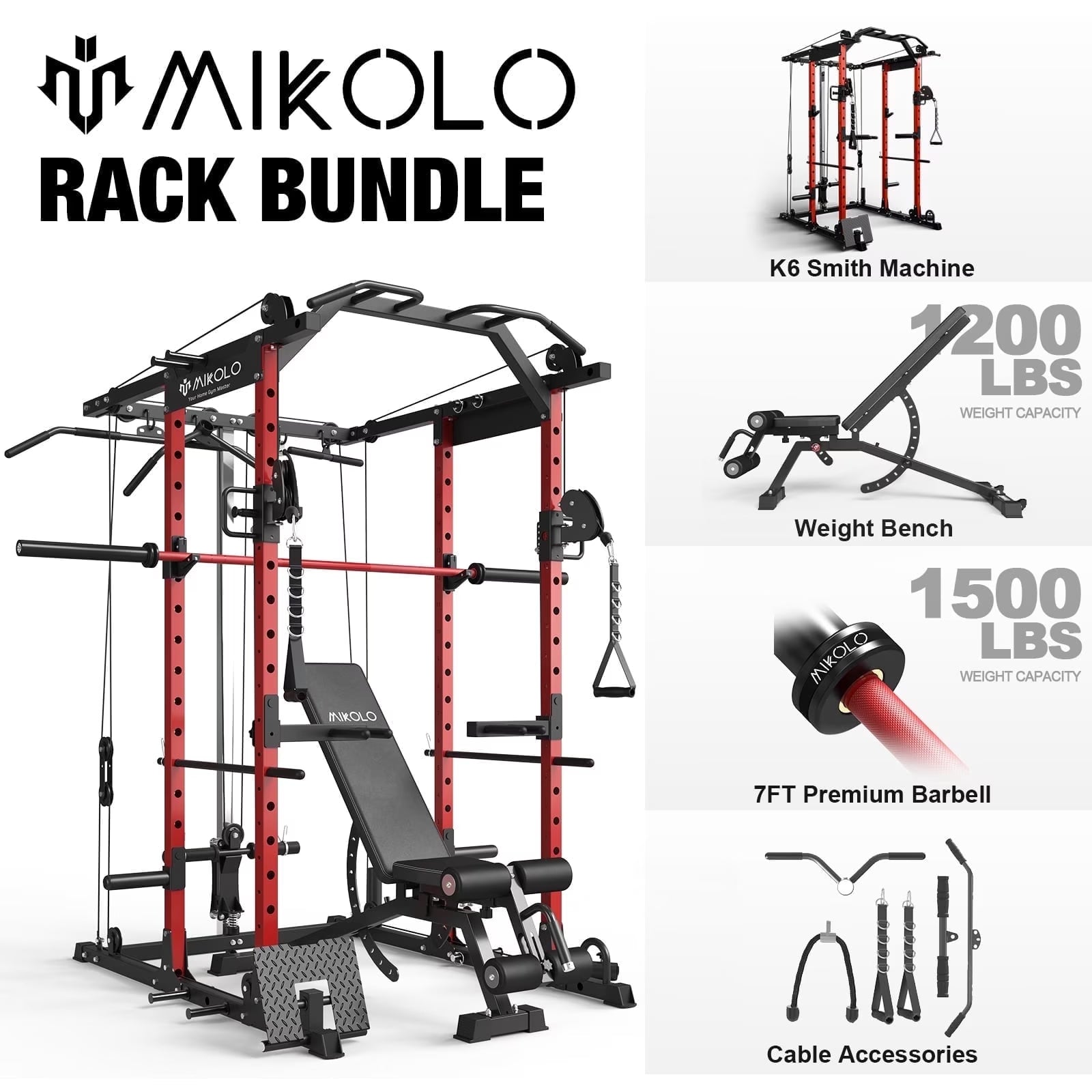 Power Cage, Squat Rack with Dual Pulley Cable Crossover System, Multifunction Free Weight Home Gym Workout Machine with Attachments (Red)