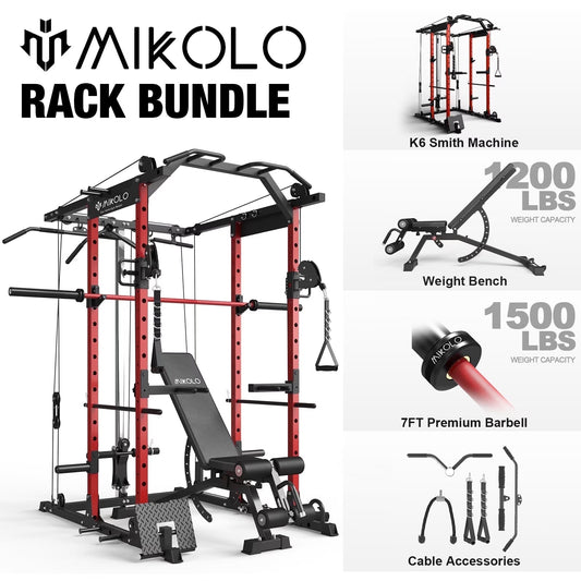 Power Cage, Squat Rack with Dual Pulley Cable Crossover System, Multifunction Free Weight Home Gym Workout Machine with Attachments (Red)