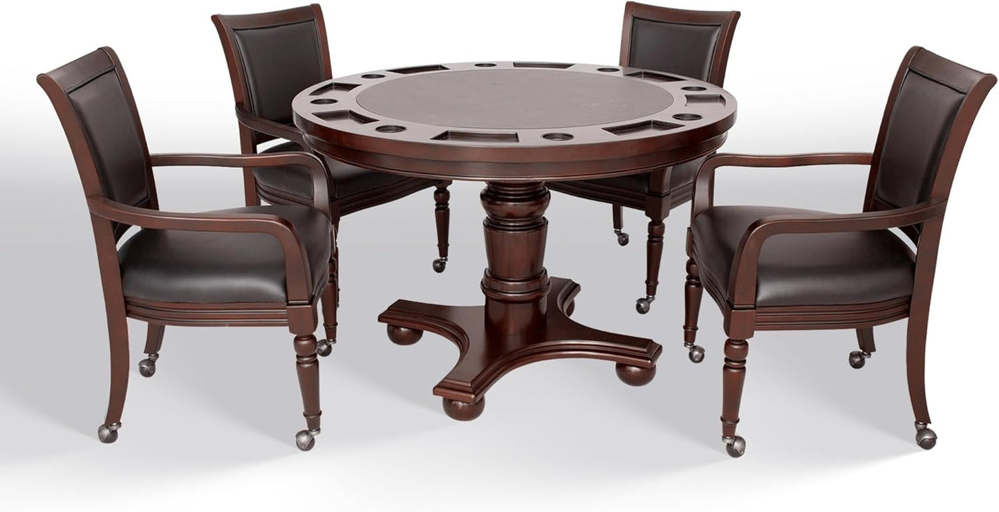 Bridgeport 2 in 1 round Poker Table and Chairs Set for Dining & Game Rooms – Furniture Grade Hardwood, Sturdy Pedestal Legs, Drink Holders, Chip Slots – Includes 4 Poker Table Chairs - Walnut