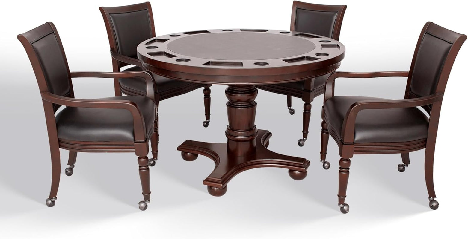 Bridgeport 2 in 1 round Poker Table and Chairs Set for Dining & Game Rooms – Furniture Grade Hardwood, Sturdy Pedestal Legs, Drink Holders, Chip Slots – Includes 4 Poker Table Chairs - Walnut