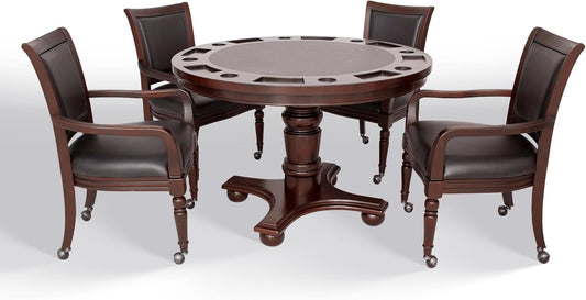 Bridgeport 2 in 1 round Poker Table and Chairs Set for Dining & Game Rooms – Furniture Grade Hardwood, Sturdy Pedestal Legs, Drink Holders, Chip Slots – Includes 4 Poker Table Chairs - Walnut