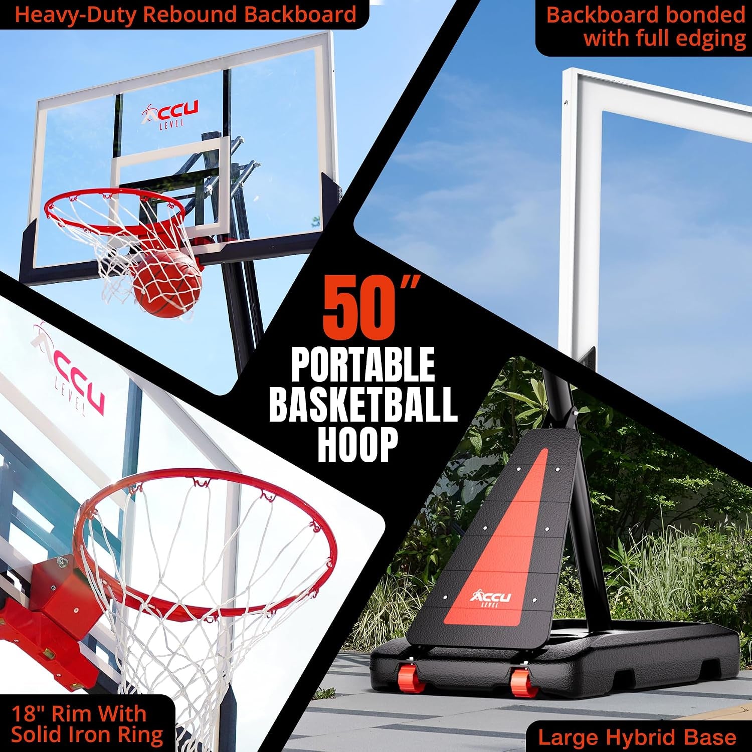 Portable Basketball Hoop 7.5-10Ft Adjustable 44”-54" Backboard