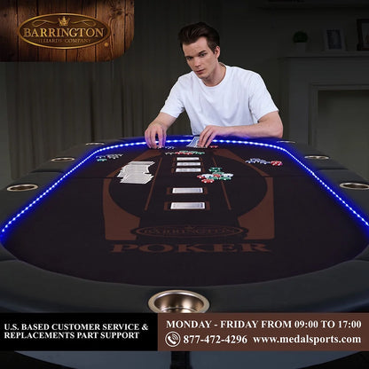 Barrington 10 Player Folding Oval Poker Table with LED Lights, Steel Cup Holders & Padded Armrests, Black/Brown
