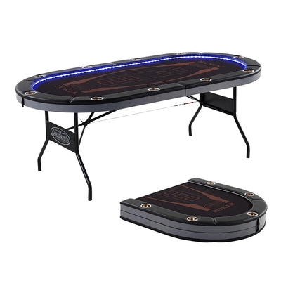 Barrington 10 Player Folding Oval Poker Table with LED Lights, Steel Cup Holders & Padded Armrests, Black/Brown