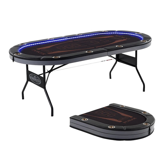 Barrington 10 Player Folding Oval Poker Table with LED Lights, Steel Cup Holders & Padded Armrests, Black/Brown