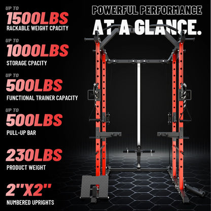 Power Cage, Squat Rack with Dual Pulley Cable Crossover System, Multifunction Free Weight Home Gym Workout Machine with Attachments (Red)