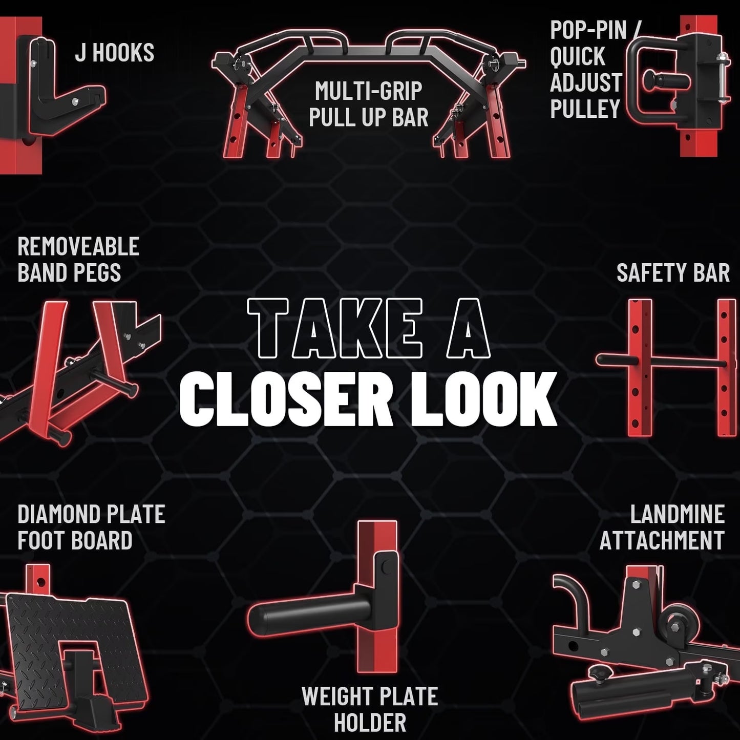 Power Rack Cage, 1500LBS Weight Cage with 1200LB Capacity Adjustable Weight Bench, 1500LB Capacity Barbell and 230LB Colorful Weight Plate Set Red