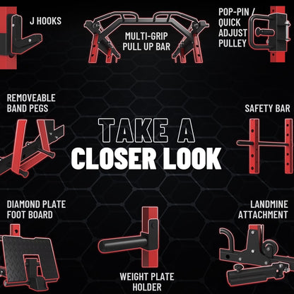 Power Rack Cage, 1500LBS Weight Cage with 1200LB Capacity Adjustable Weight Bench, 1500LB Capacity Barbell and 230LB Colorful Weight Plate Set Red
