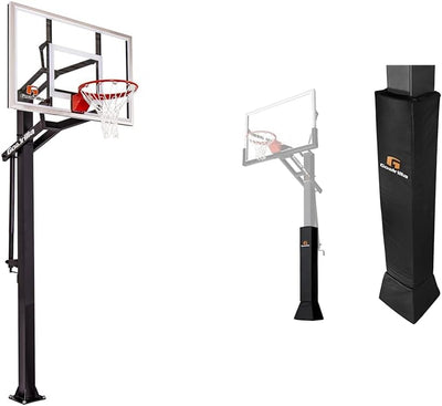 GS54 in Ground Basketball Hoop with 54" Tempered Glass Backboard and Pro-Style Breakaway Rim Bundle with Universal Pole Pad