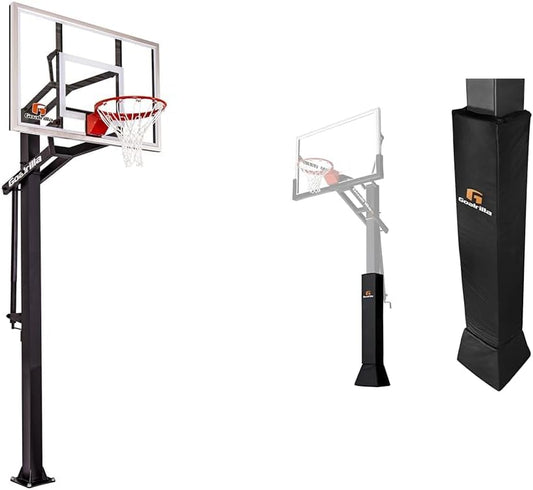 GS54 in Ground Basketball Hoop with 54" Tempered Glass Backboard and Pro-Style Breakaway Rim Bundle with Universal Pole Pad